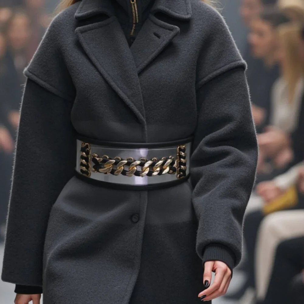 Women’s Wide Black Stretch Waist Belt with Gold Chain Link – Elastic Band XS S - Picture 6 of 8